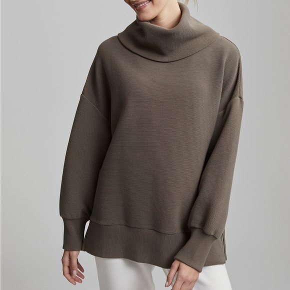 VARLEY size S Milton Sweat Ribbed Sweatshirt Cowl Neck Side Zip Tarmac Greige - Picture 1 of 9